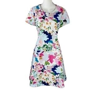 DKNY Blue Watercolor Floral Scuba Stretch Fit Flare Dress 8 D16